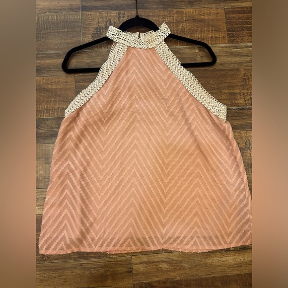 Lace Halter Peach Tank Top Blouse with Keyhole Closing on back. - Picture 1 of 8
